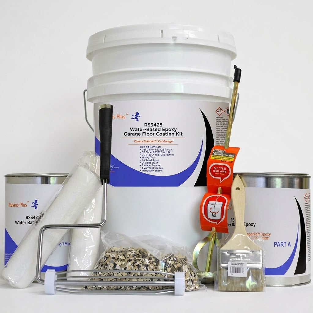 Resins Plus - Garage Floor Coating and Epoxy Kit | Includes All Needed Tools and Materials for DIY Application | RS3425 Fast Cure Water Based Epoxy